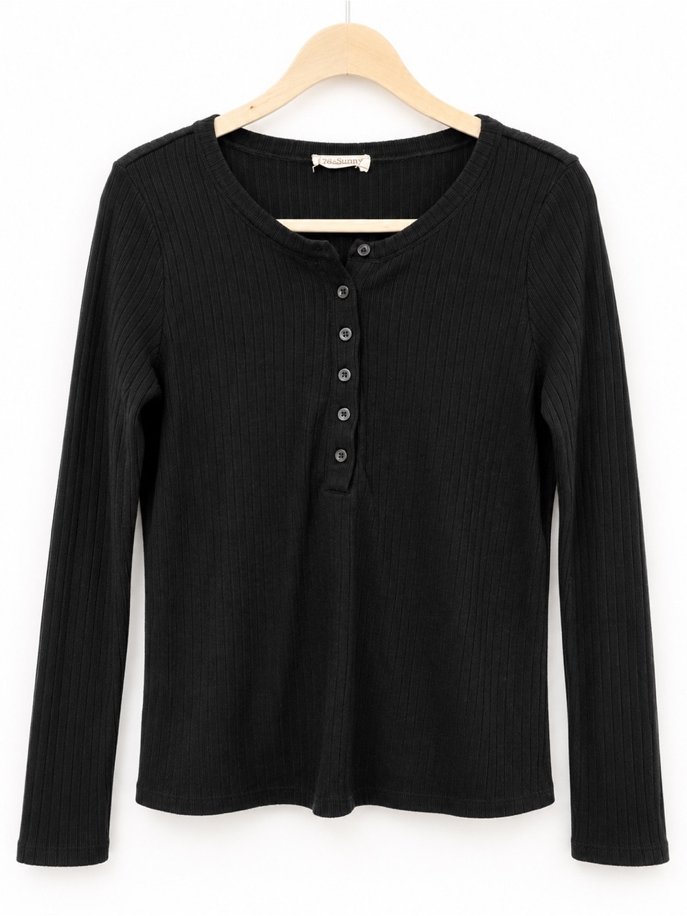 ✨ 78 & Sunny Black Ribbed Henley Long Sleeve Top Boho Minimalist Size M ✨